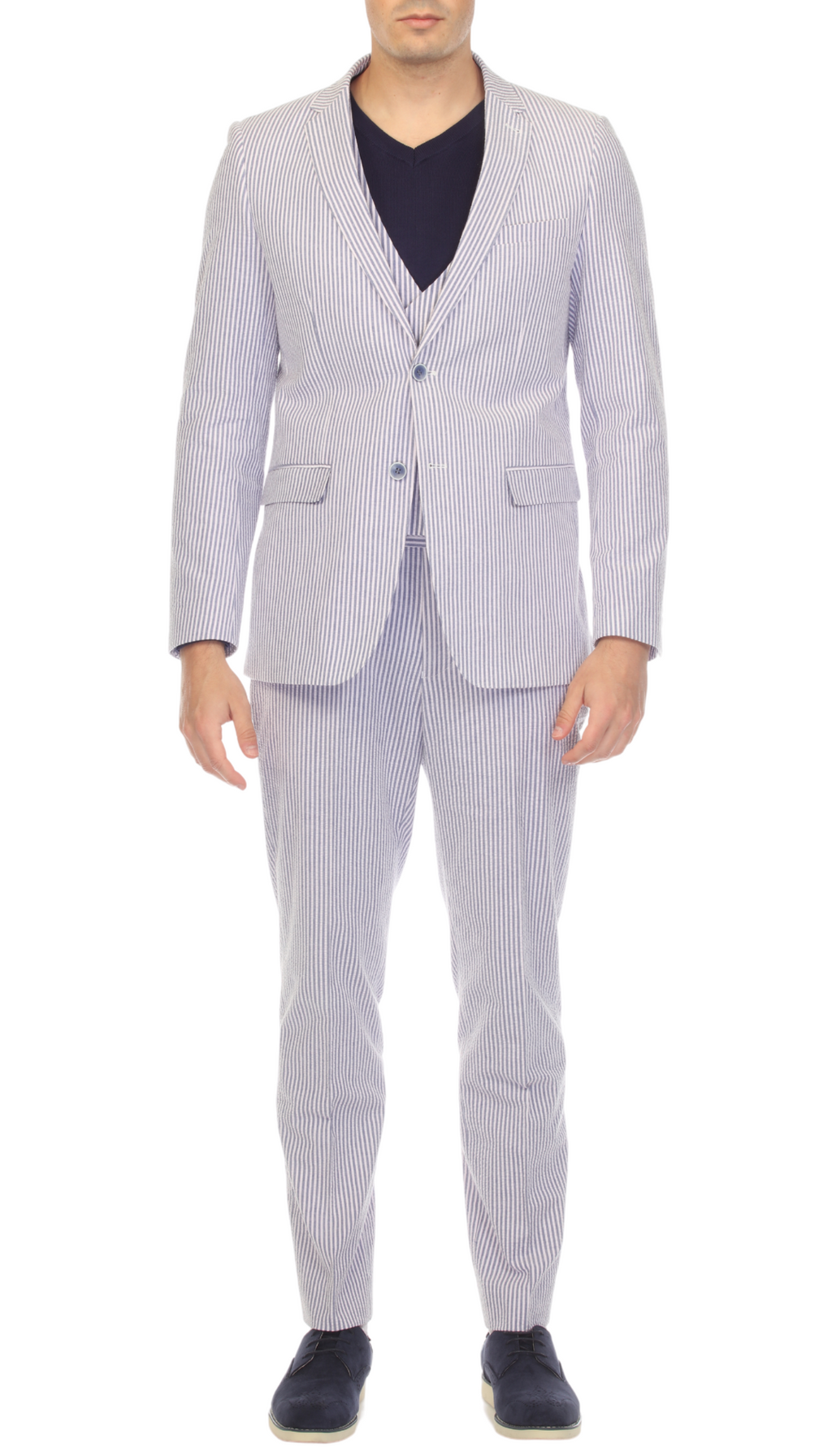 Men's Slim Fit Two Button Blue Seersucker Suit-0