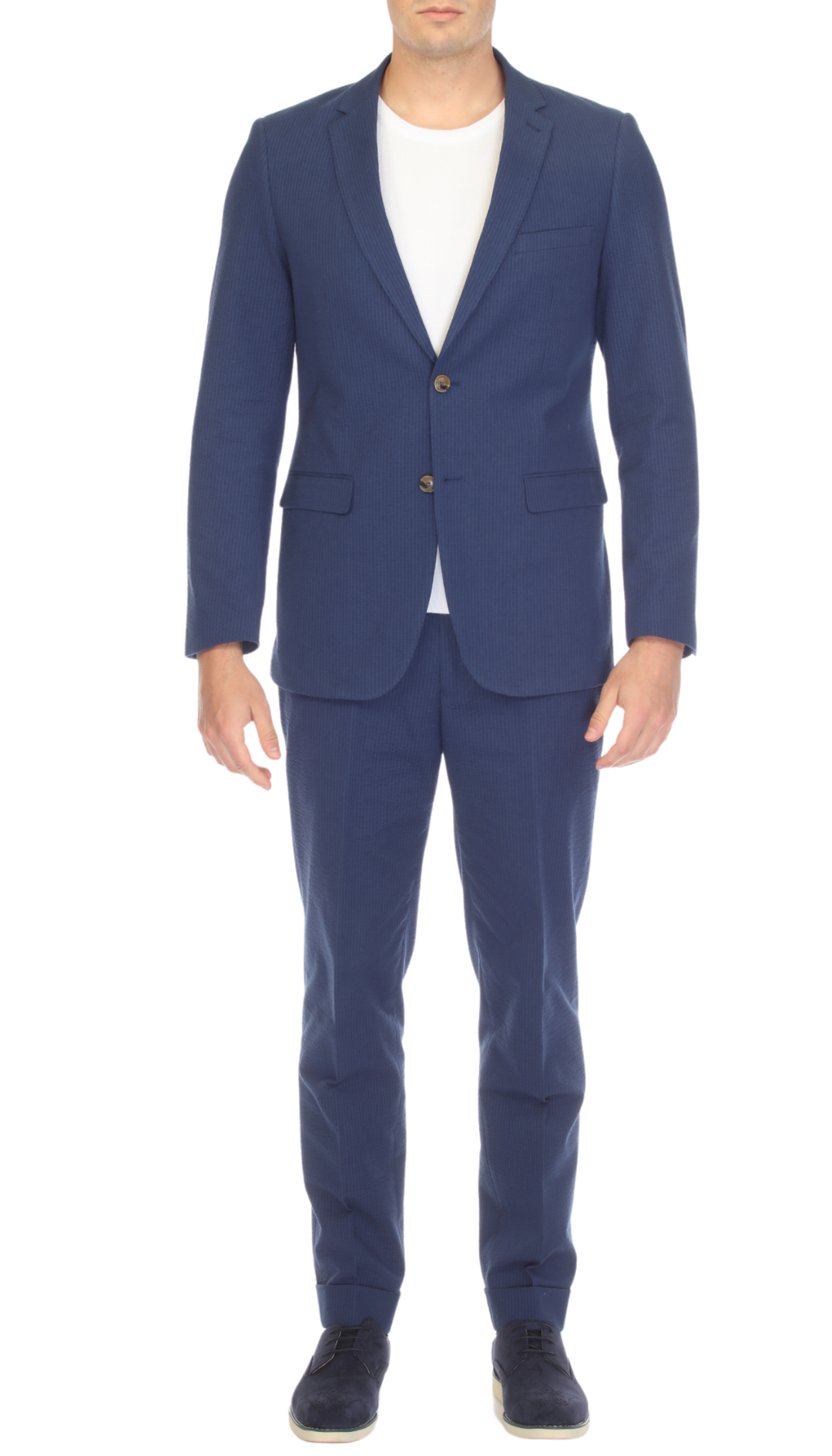 Men's Slim Fit Two Button Navy Seersucker Suit-0