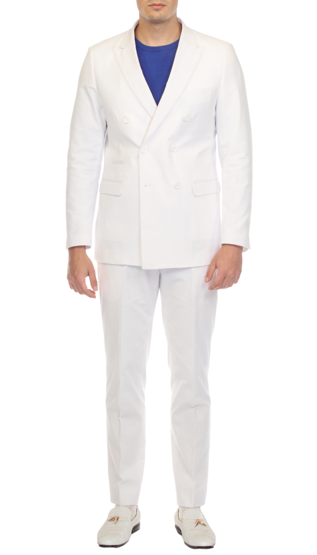 Men's White Double Breasted Slim Fit Seersucker Suit-0
