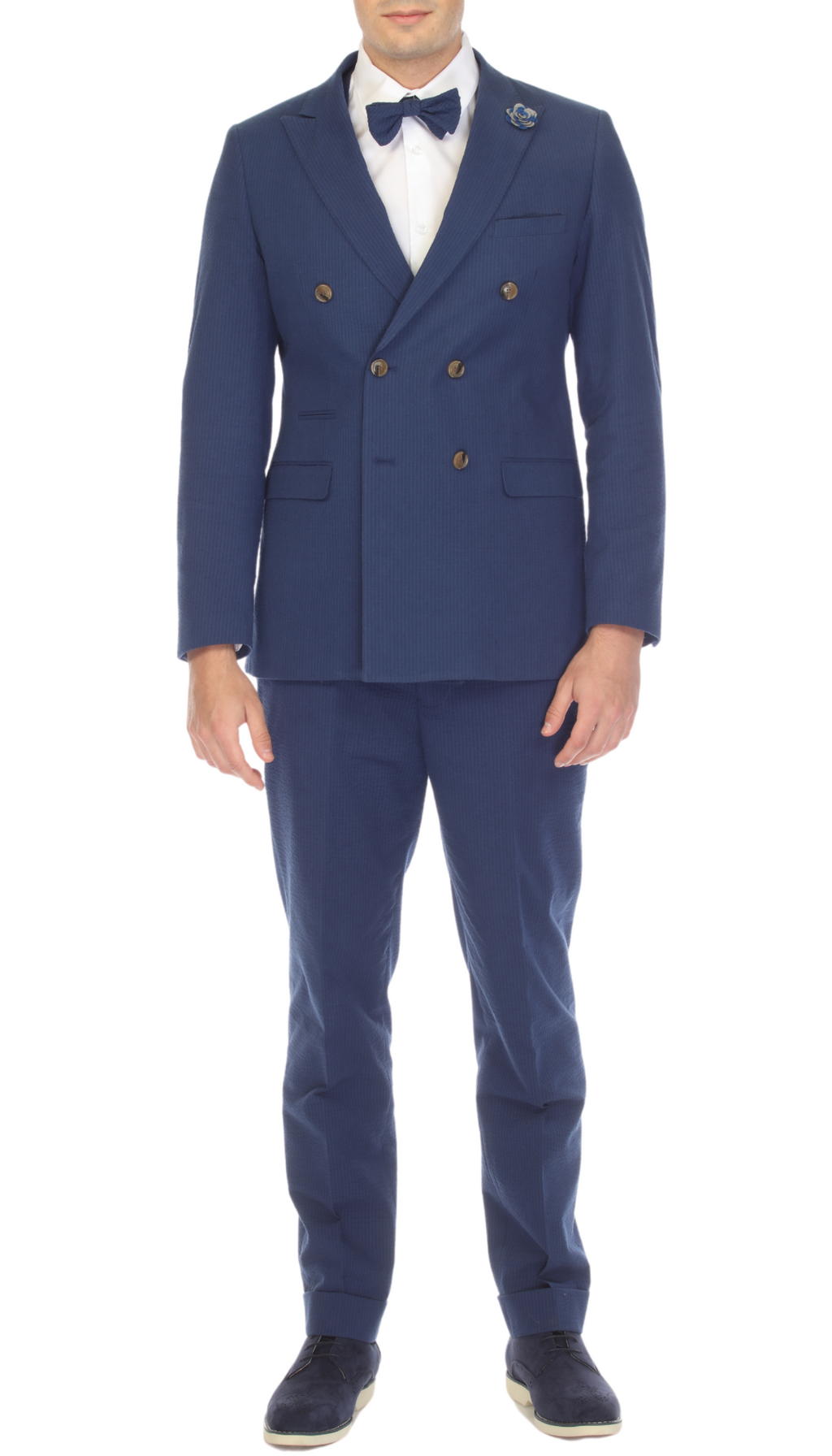 Men's Navy Double Breasted Slim Fit Seersucker Suit-0
