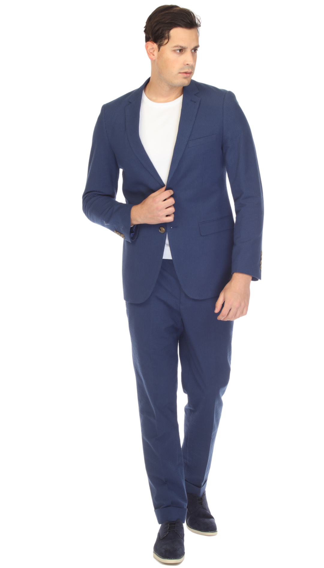 Men's Slim Fit Two Button Navy Seersucker Suit-1