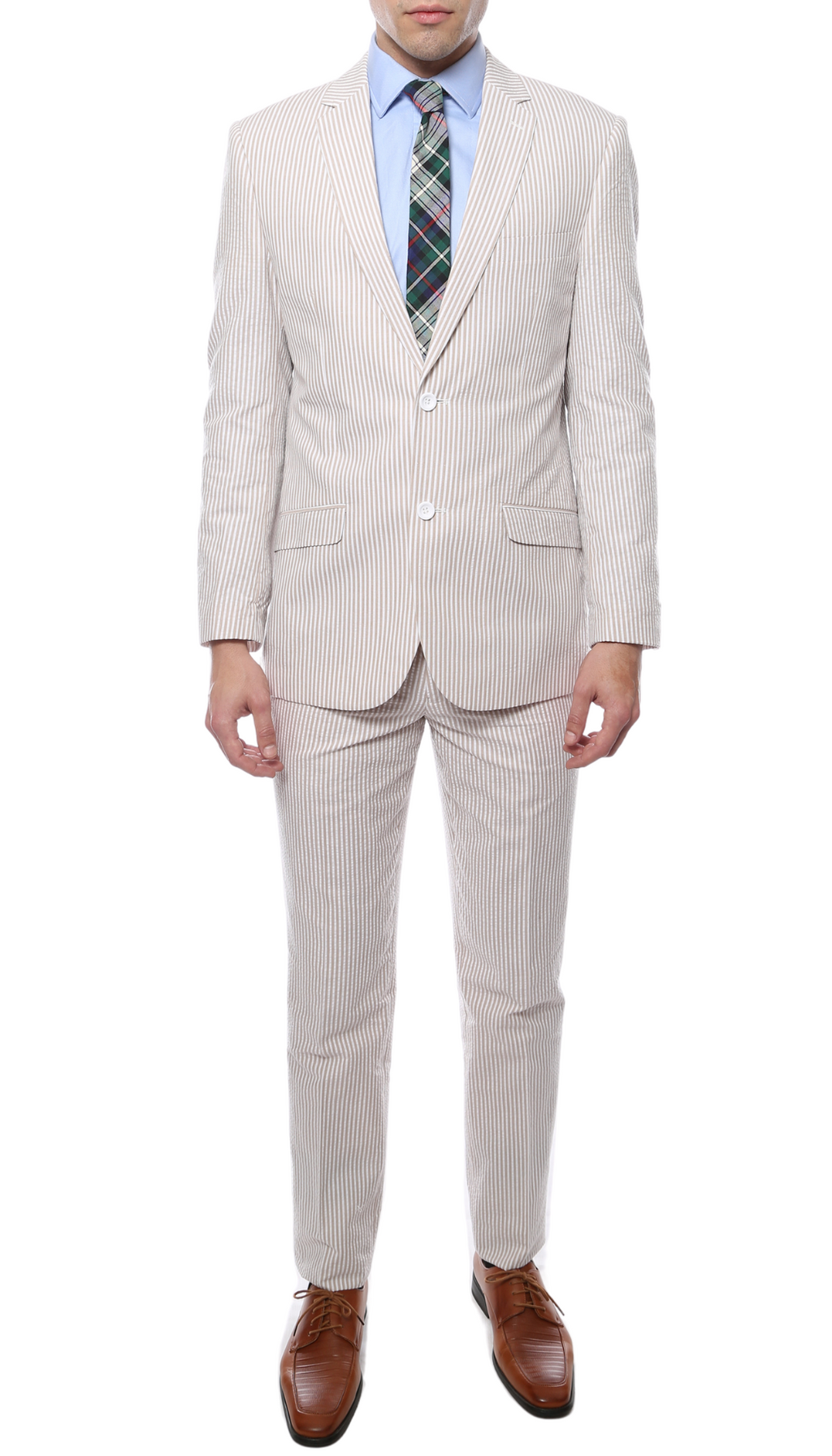 Men's Slim Fit Two Button Tan Seersucker Suit-0