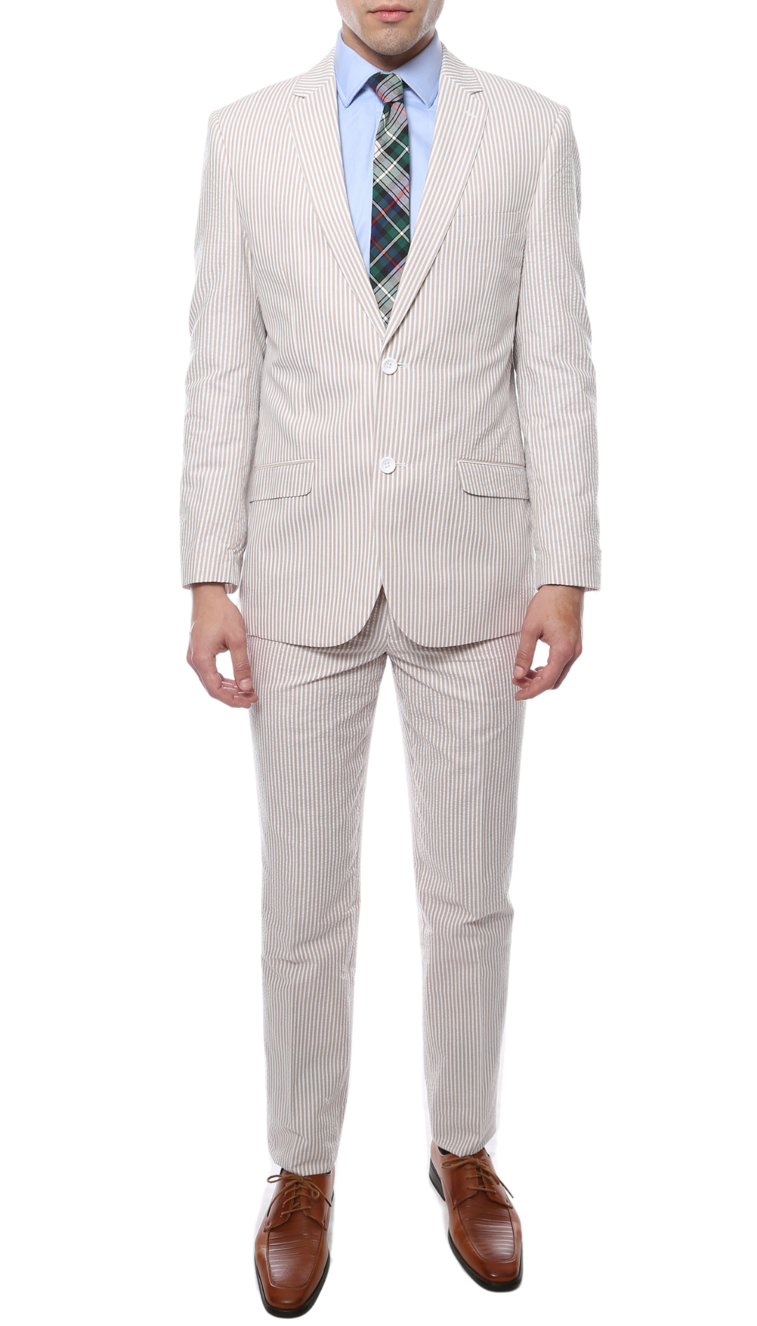Men's Slim Fit Two Button Tan Seersucker Suit-0