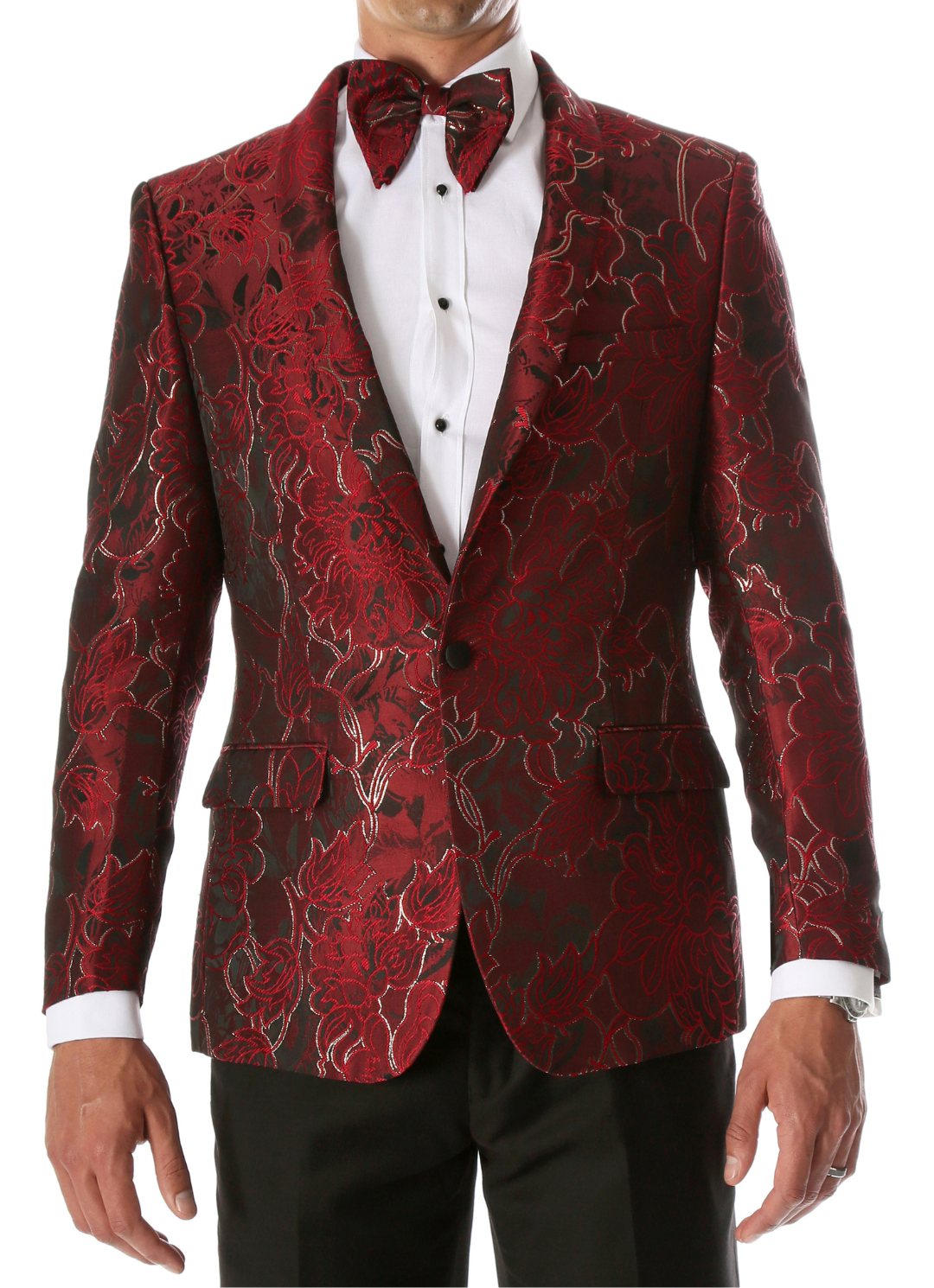 Men's Romi Red Floral Modern Fit Shawl Collar Tuxedo Blazer-0