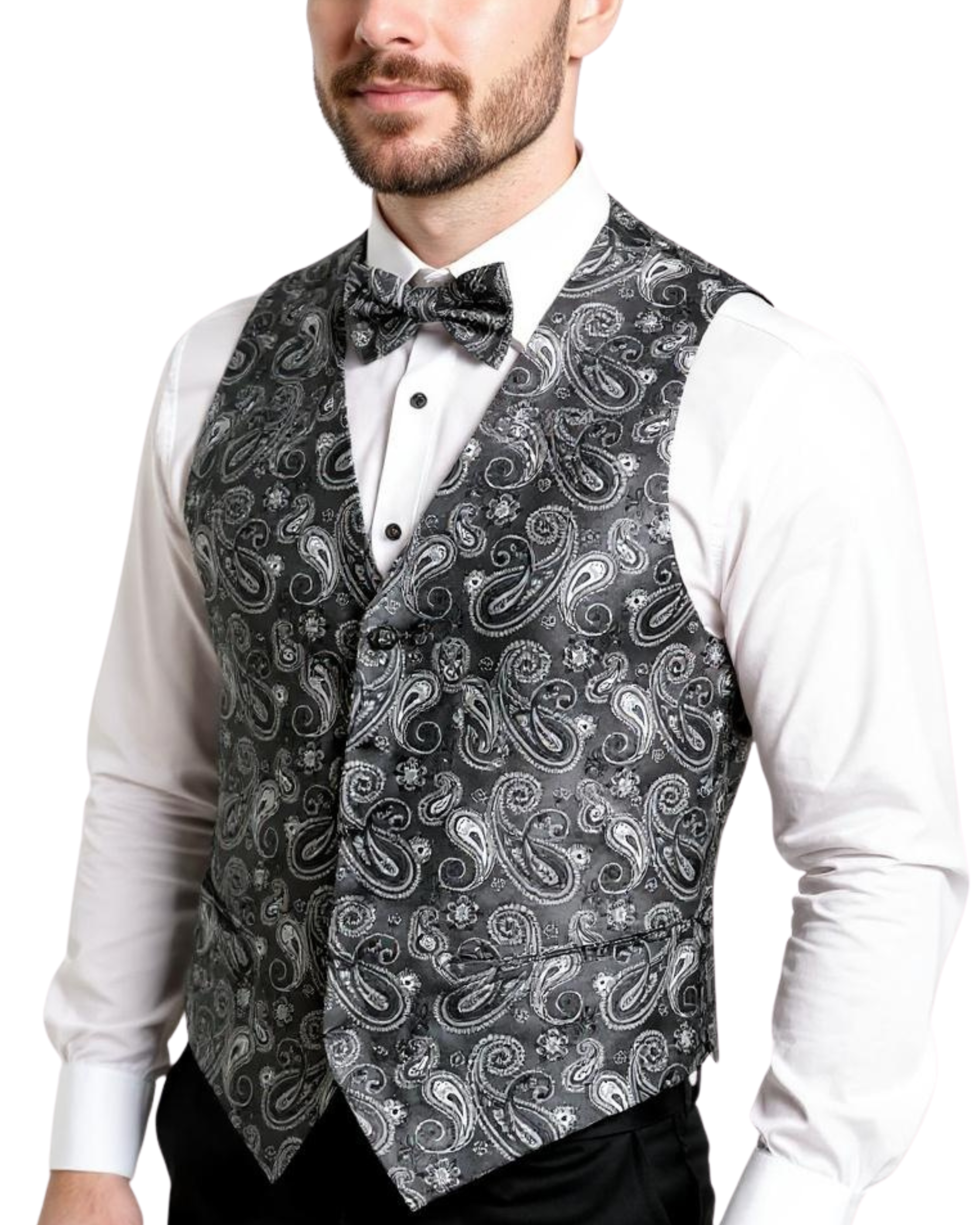 Ferrecci Mens PV350 - Grey Paisley with Black Back Adjustable Vest Set-0