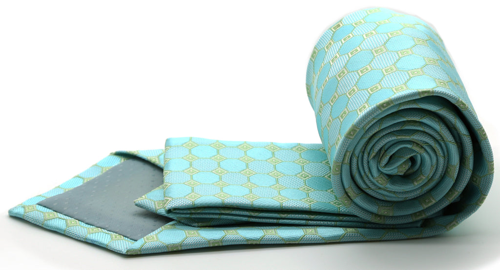 Mens Dads Classic Turquoise Geometric Pattern Business Casual Necktie & Hanky Set W-3-1