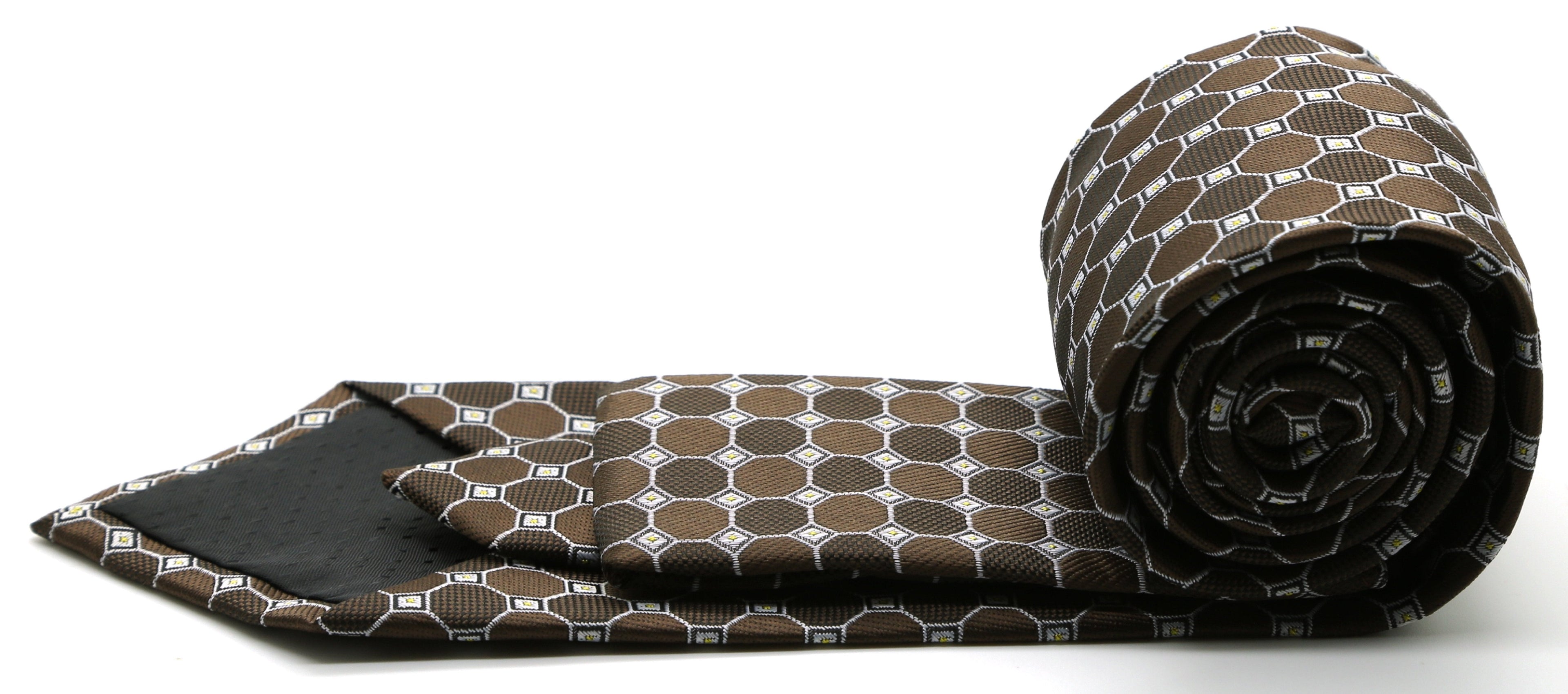 Mens Dads Classic Brown Geometric Pattern Business Casual Necktie & Hanky Set W-5-1