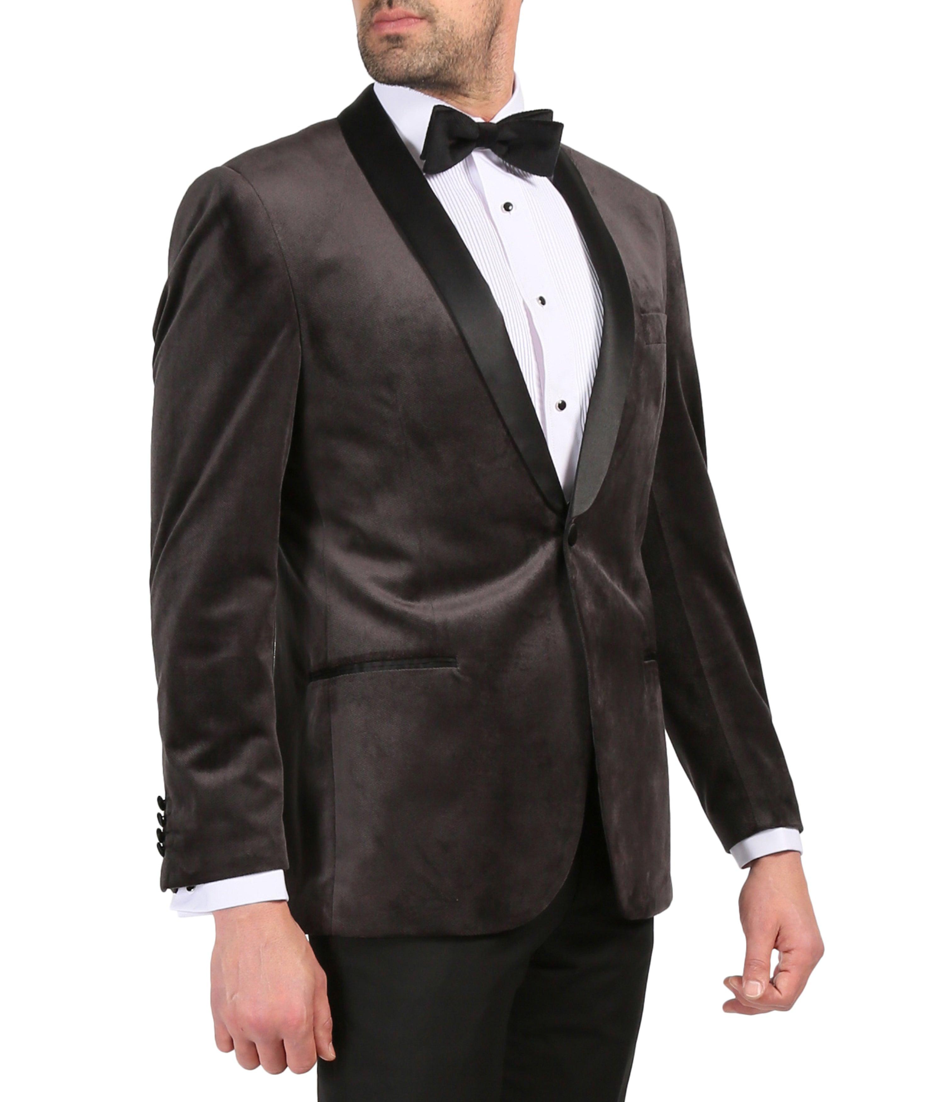 Enzo Grey Slim Fit Velvet Shawl Collar Tuxedo Blazer-1