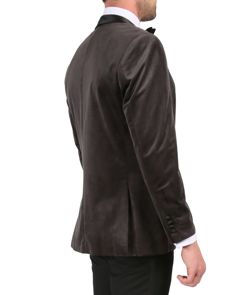 Enzo Grey Slim Fit Velvet Shawl Collar Tuxedo Blazer-2
