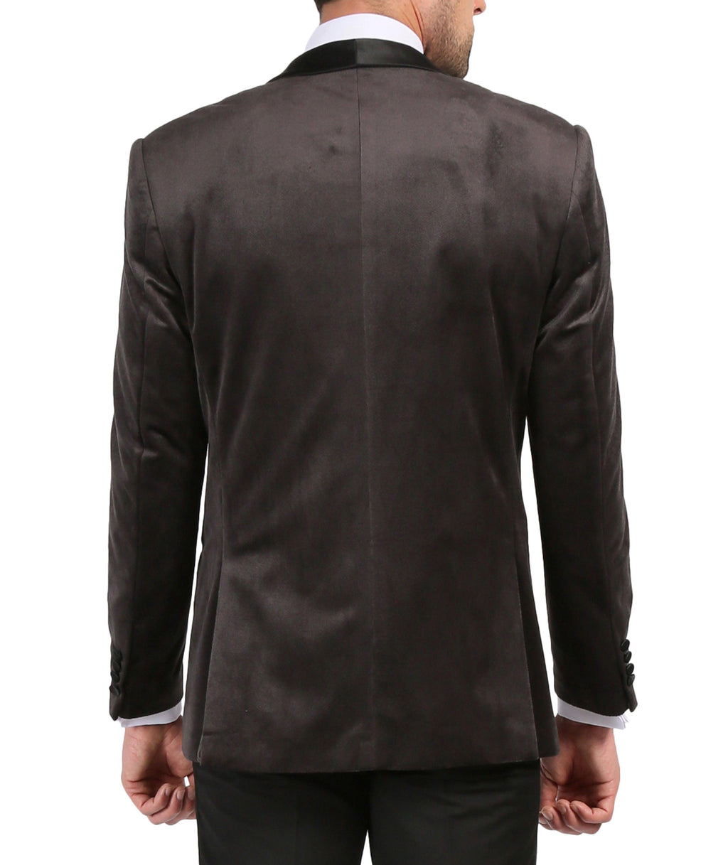 Enzo Grey Slim Fit Velvet Shawl Collar Tuxedo Blazer-3