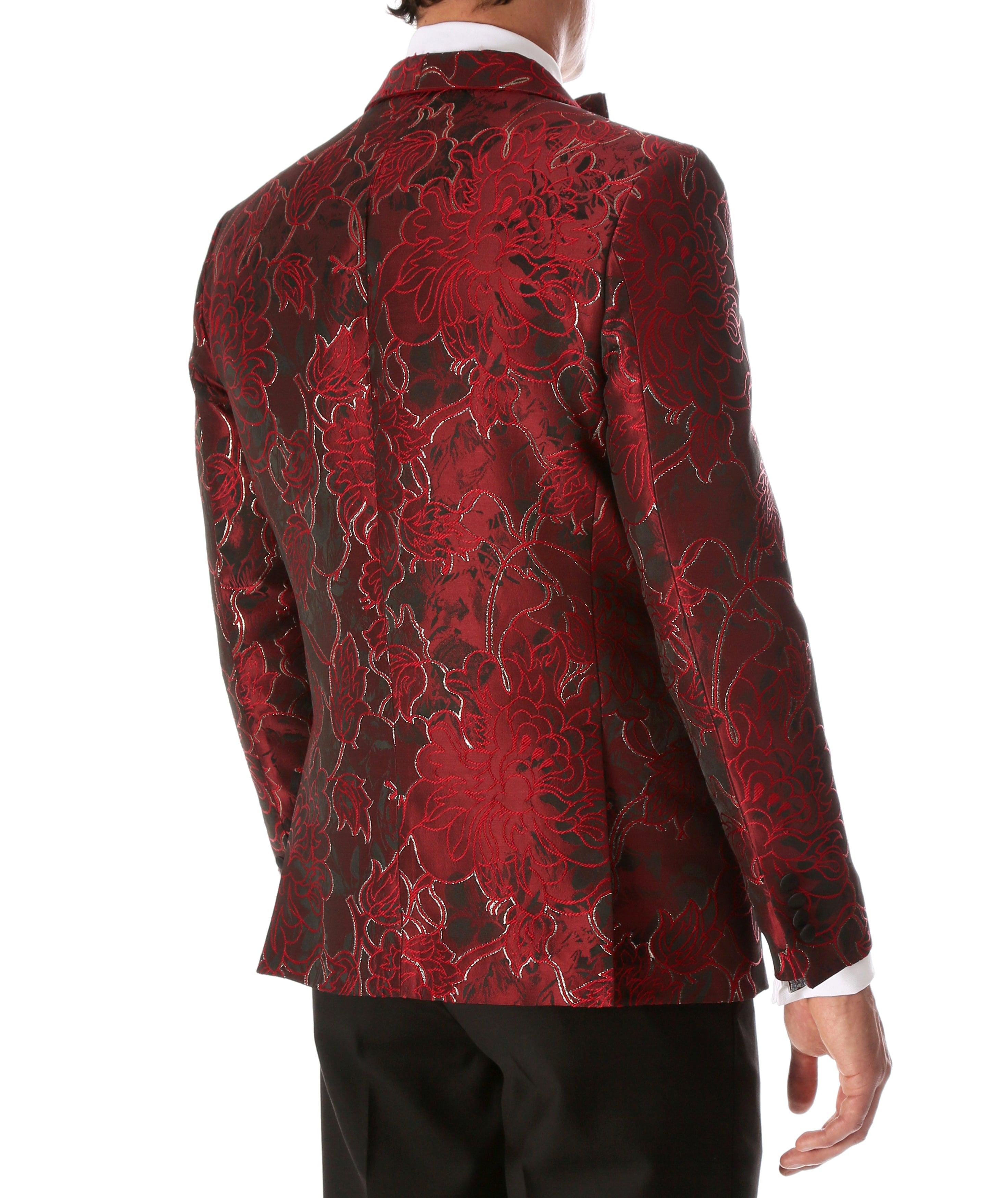 Men's Romi Red Floral Modern Fit Shawl Collar Tuxedo Blazer-1