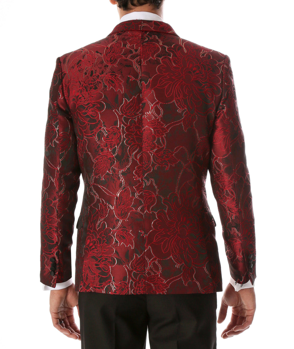 Men's Romi Red Floral Modern Fit Shawl Collar Tuxedo Blazer-2