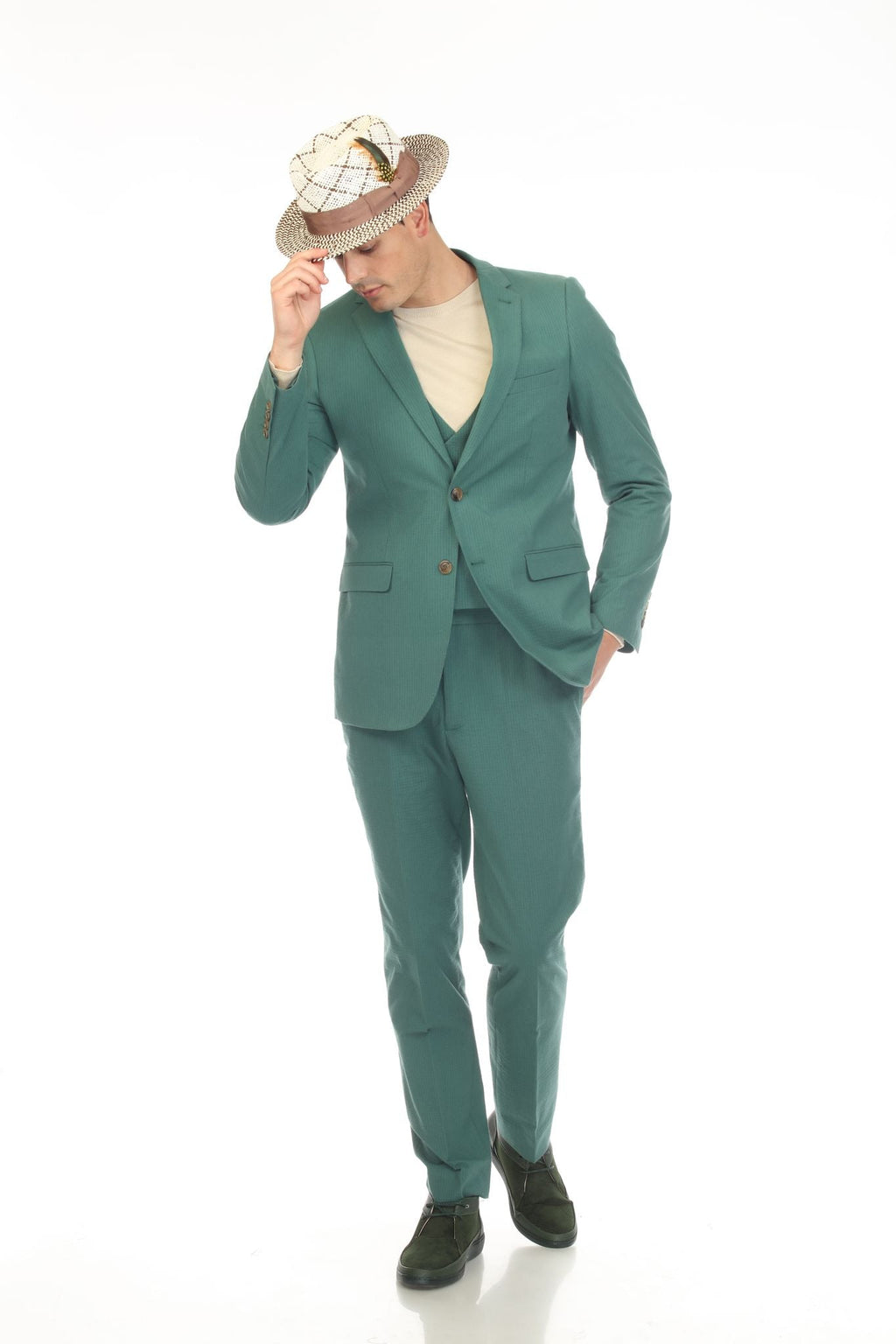 Men's Slim Fit Two Button Hunter Green 2 Button Notch Lapel Seersucker Suit.-3