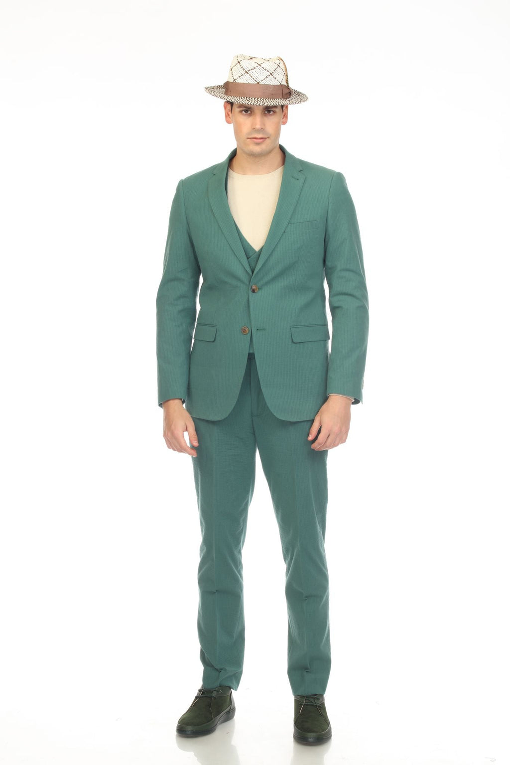 Men's Slim Fit Two Button Hunter Green 2 Button Notch Lapel Seersucker Suit.-1
