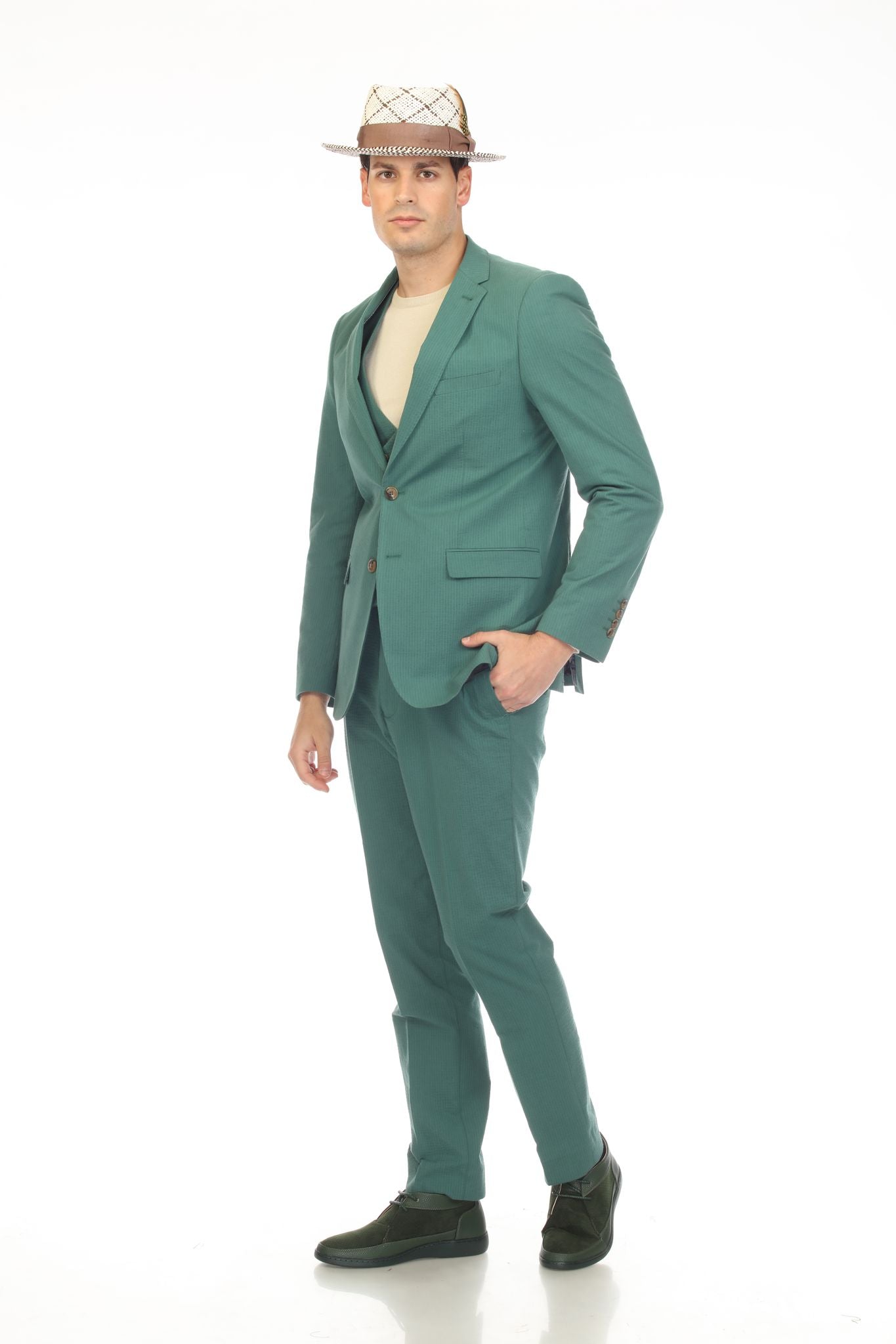 Men's Slim Fit Two Button Hunter Green 2 Button Notch Lapel Seersucker Suit.-4