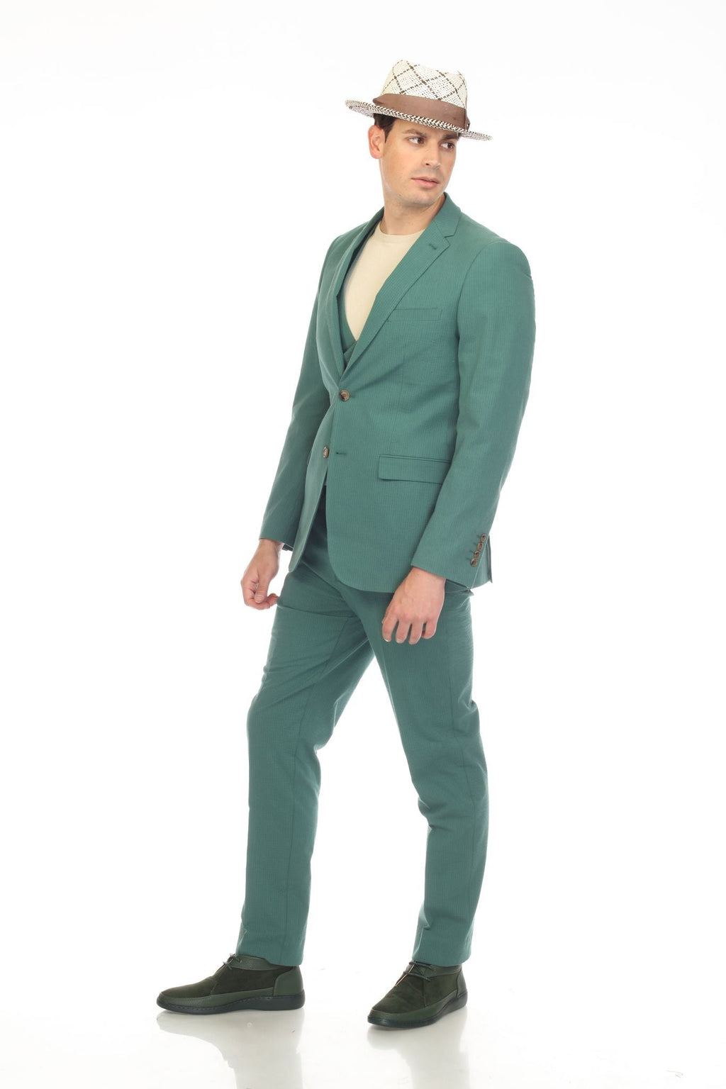 Men's Slim Fit Two Button Hunter Green 2 Button Notch Lapel Seersucker Suit.-2